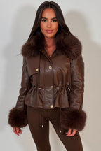 Brown Faux Leather Jacket With Faux Fur Collar Cuff & Adjustable Waist