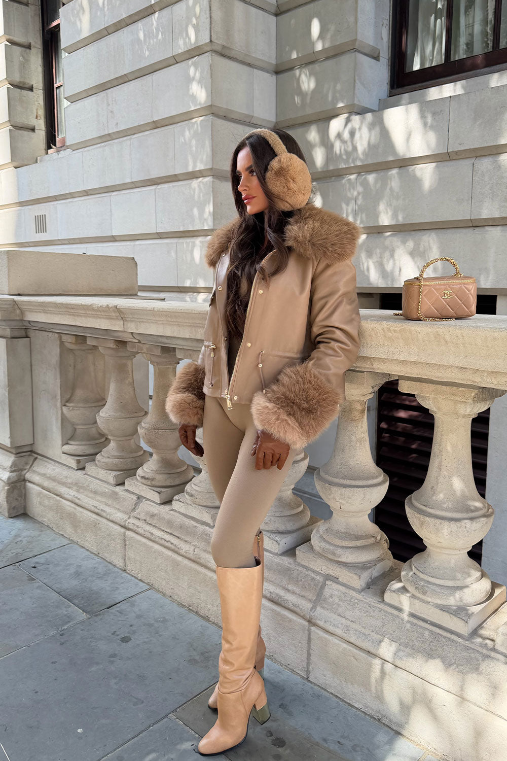 Taupe Faux Leather Jacket With Faux Fur Collar Cuff & Adjustable Waist