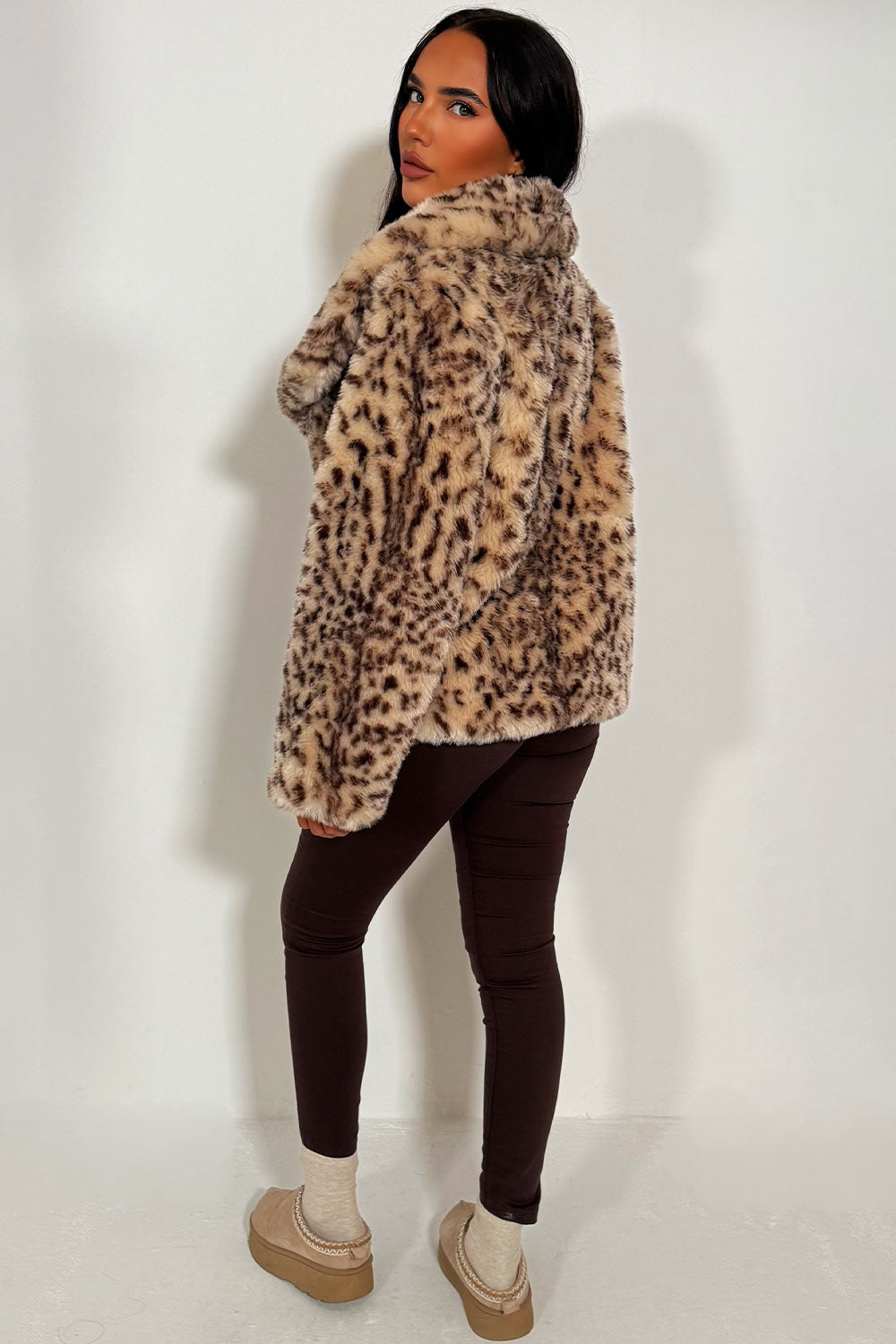 Faux Fur Jacket In Beige Leopard Print
