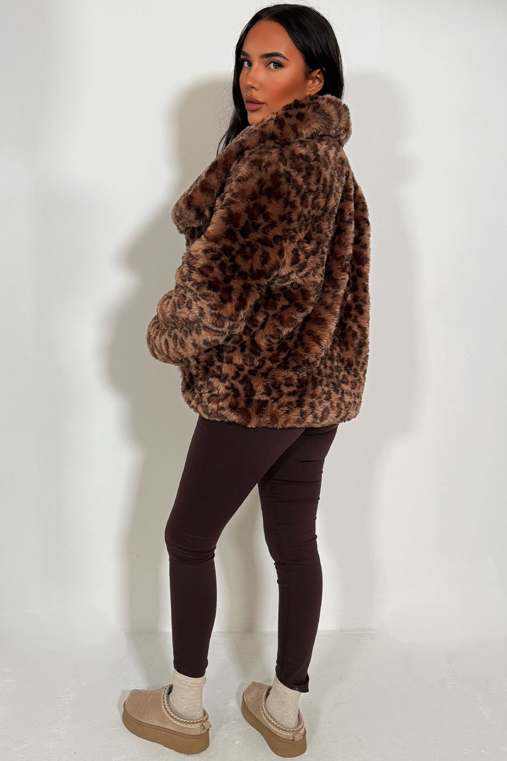 Faux Fur Jacket In Tan Leopard Print