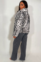 Faux Fur Jacket In White Leopard Print