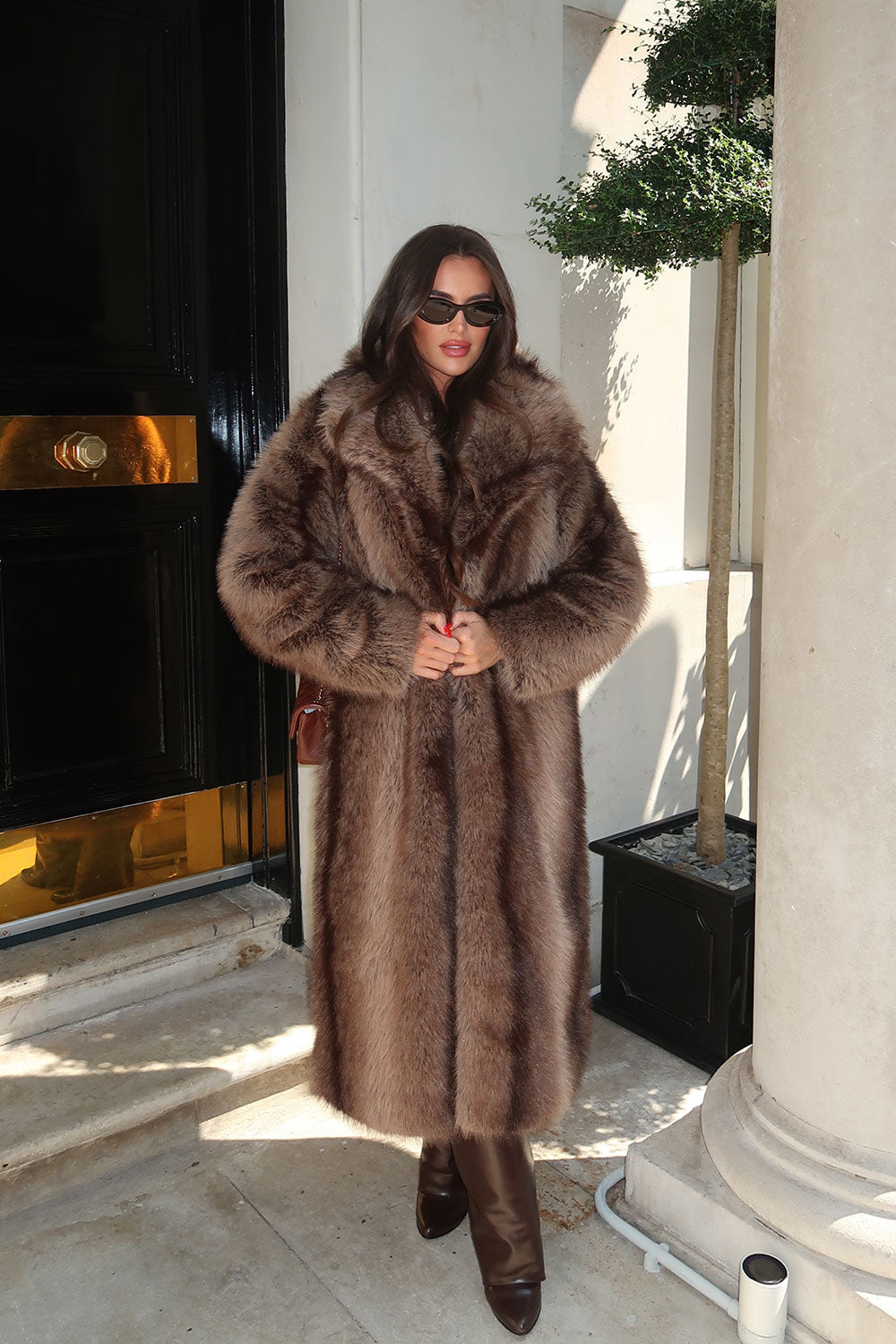 Long Faux Fur Coat With Collar Brown