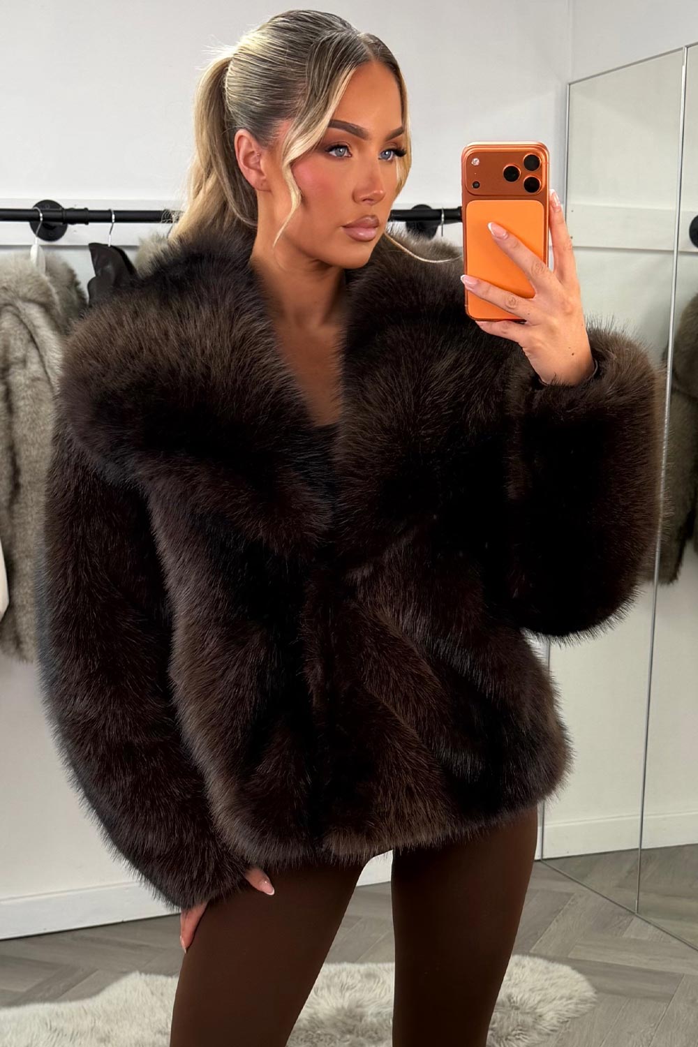 Faux Fur Jacket Collared Brown Colourway