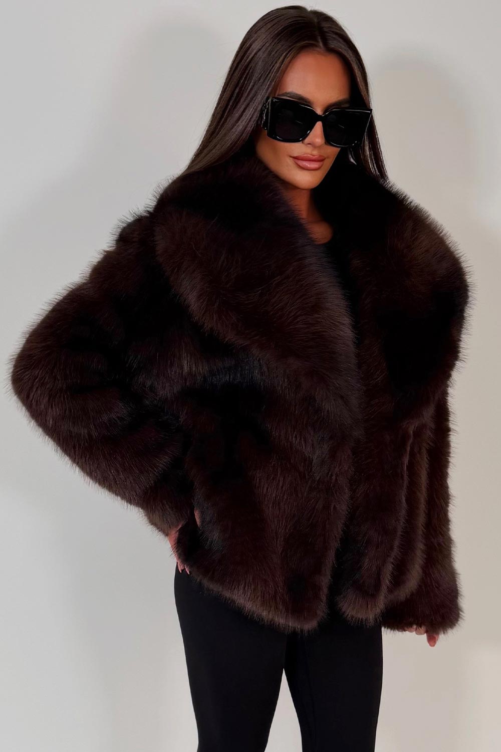 Faux Fur Jacket Collared Brown Colourway