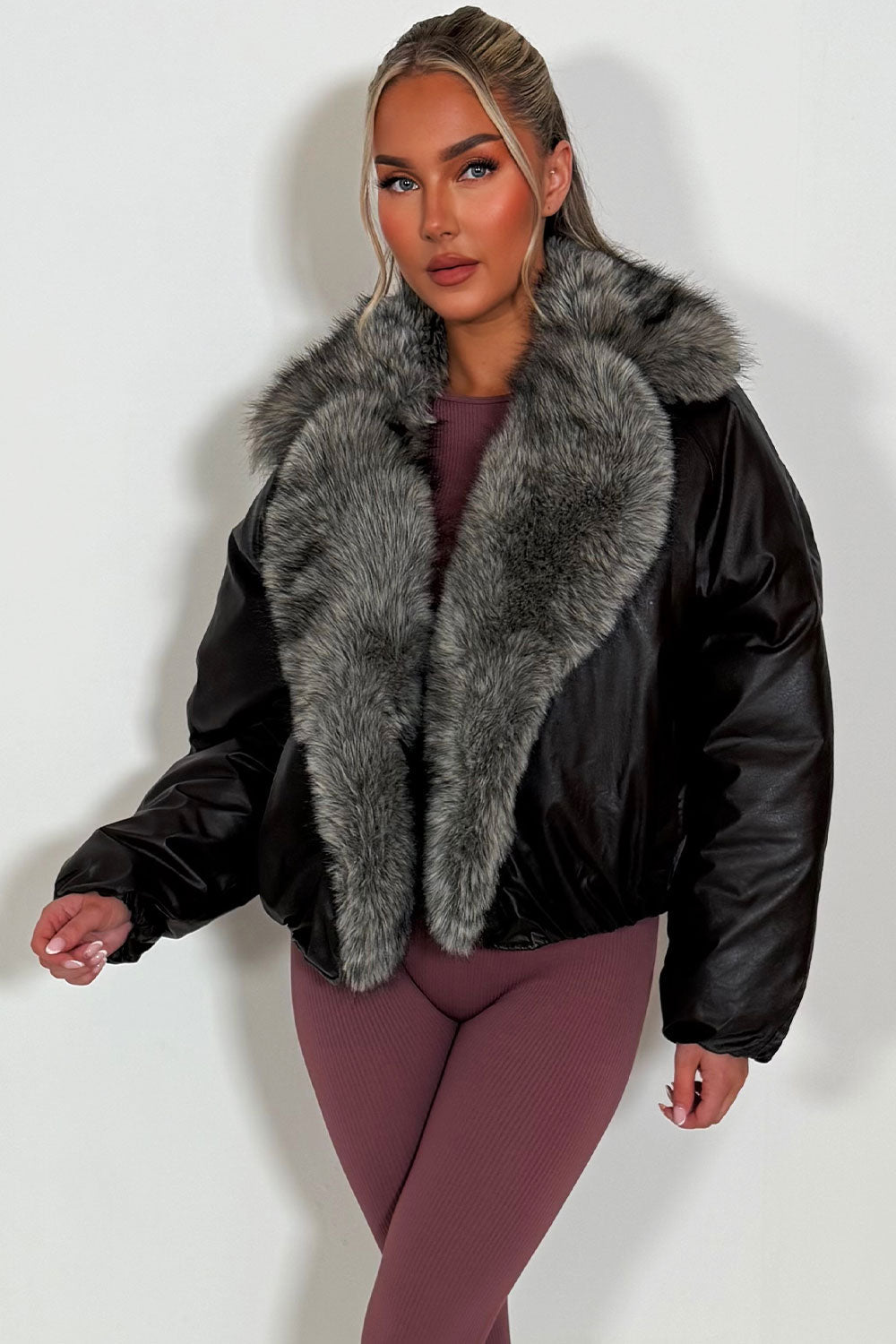 Brown Bomber Jacket With Faux Fur Collar And Trim