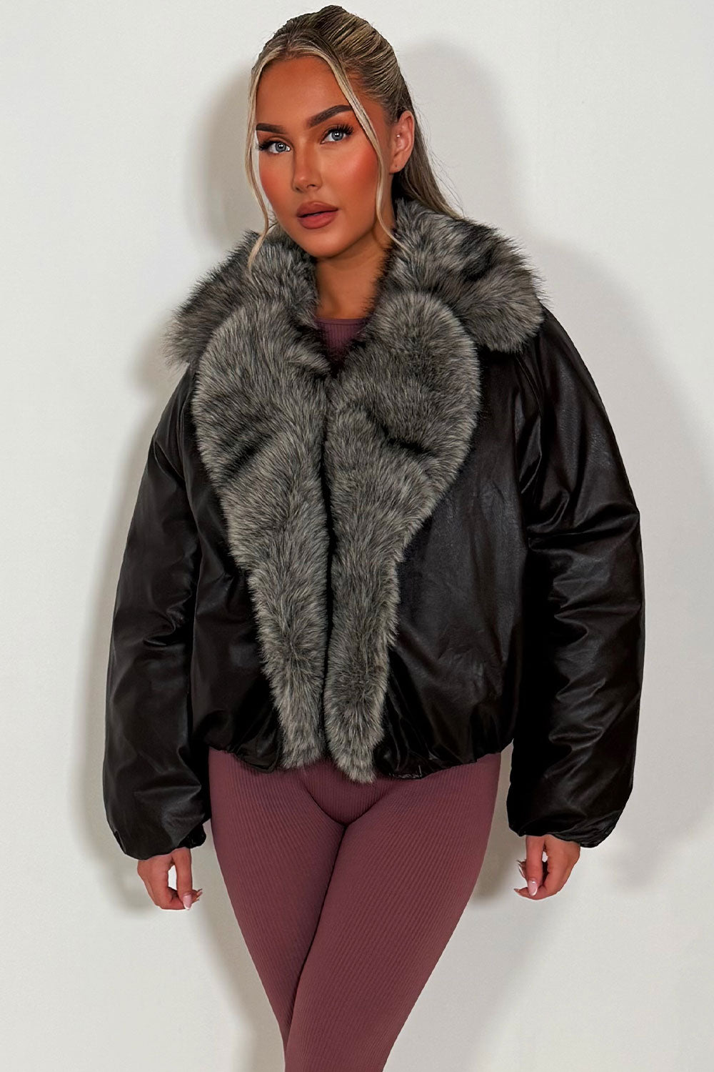 Brown Bomber Jacket With Faux Fur Collar And Trim