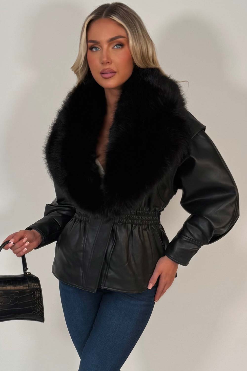 Black Fur Collar Faux Leather Jacket With Cinched Waist