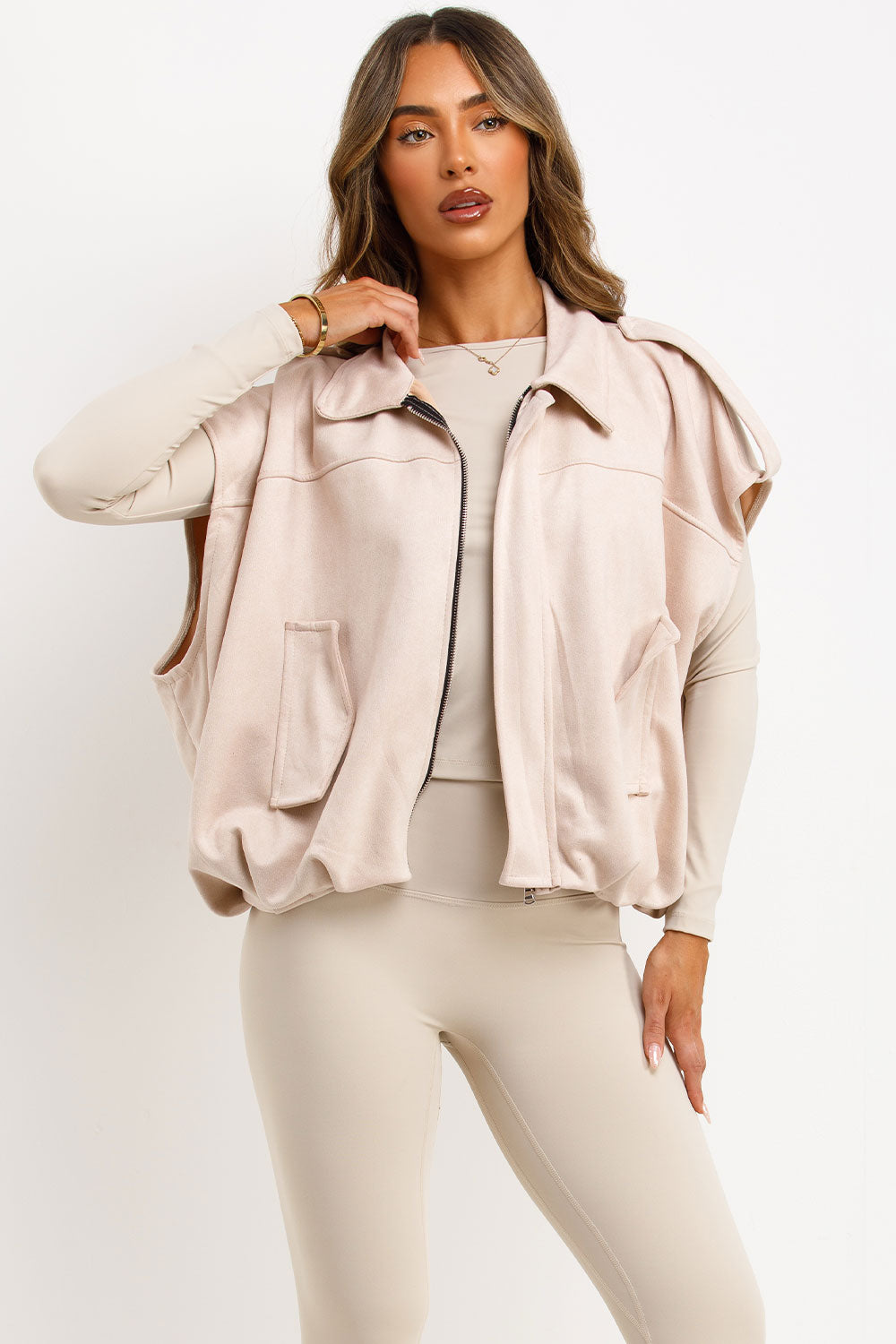 Faux Suede Crop Gilet With Tabs Beige