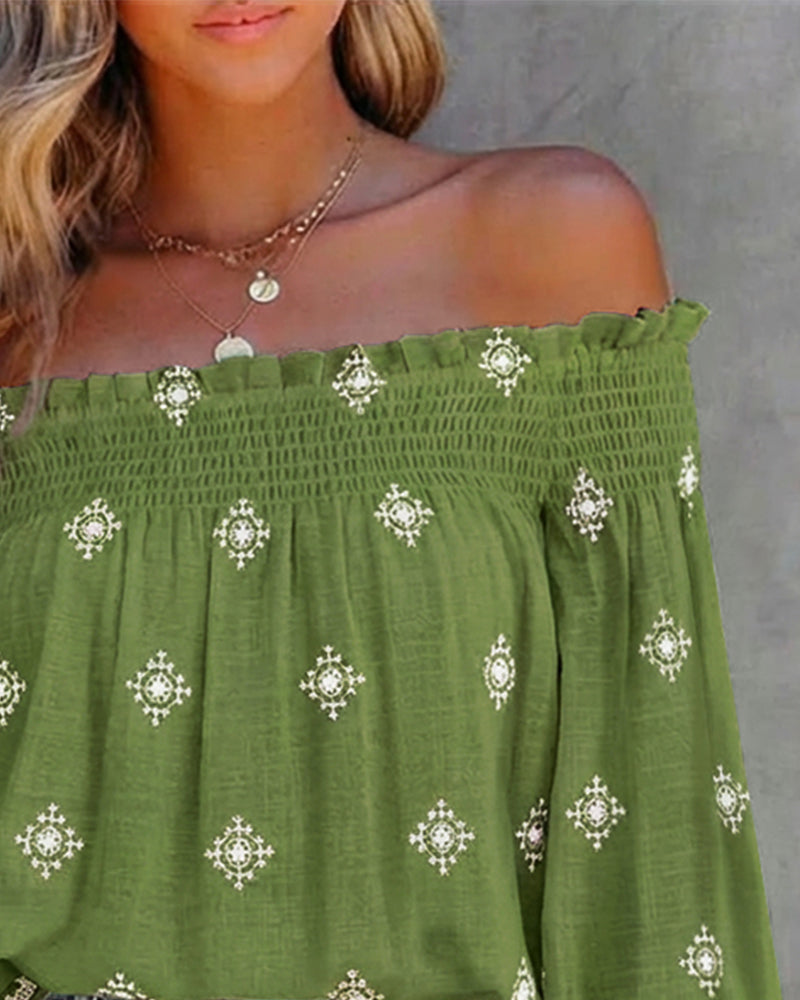 Vintage Tribal Placement Print Shirred Off Shoulder Flared Cuffs Blouse Casual Frill Trim Boho Top