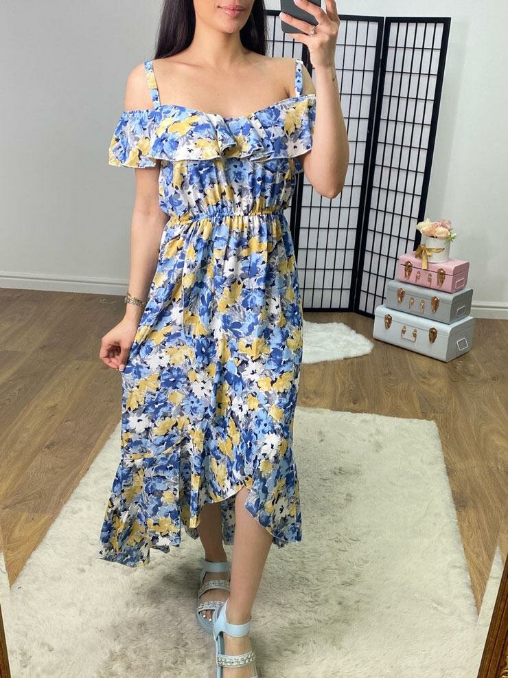 Hancie Floral Print Frill Bardot Strap Dress