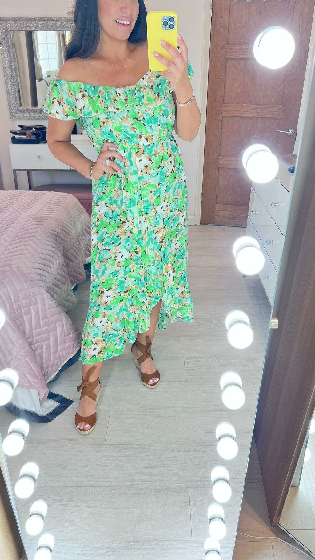 Hancie Floral Print Frill Bardot Strap Dress