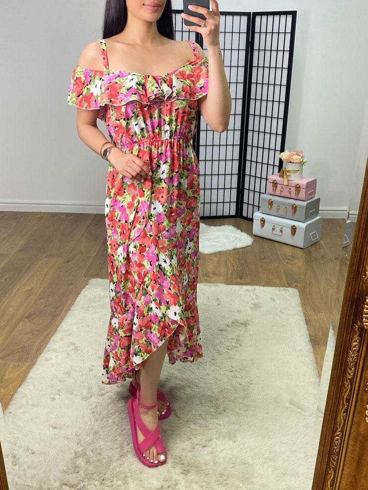 Hancie Floral Print Frill Bardot Strap Dress