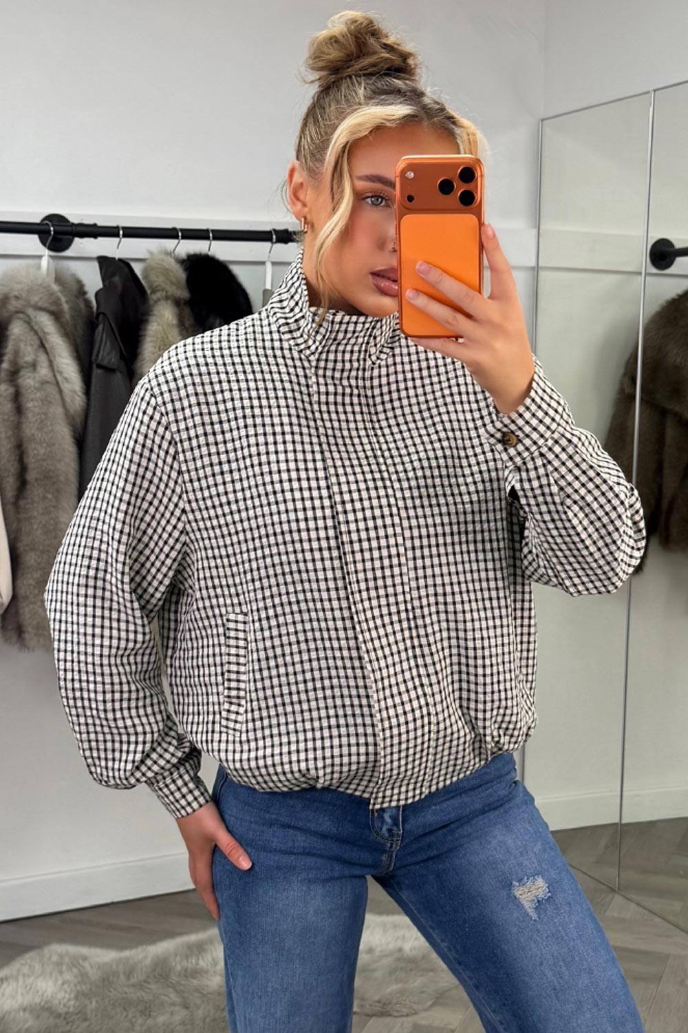 Oversized Check Print Jacket Long Sleeves