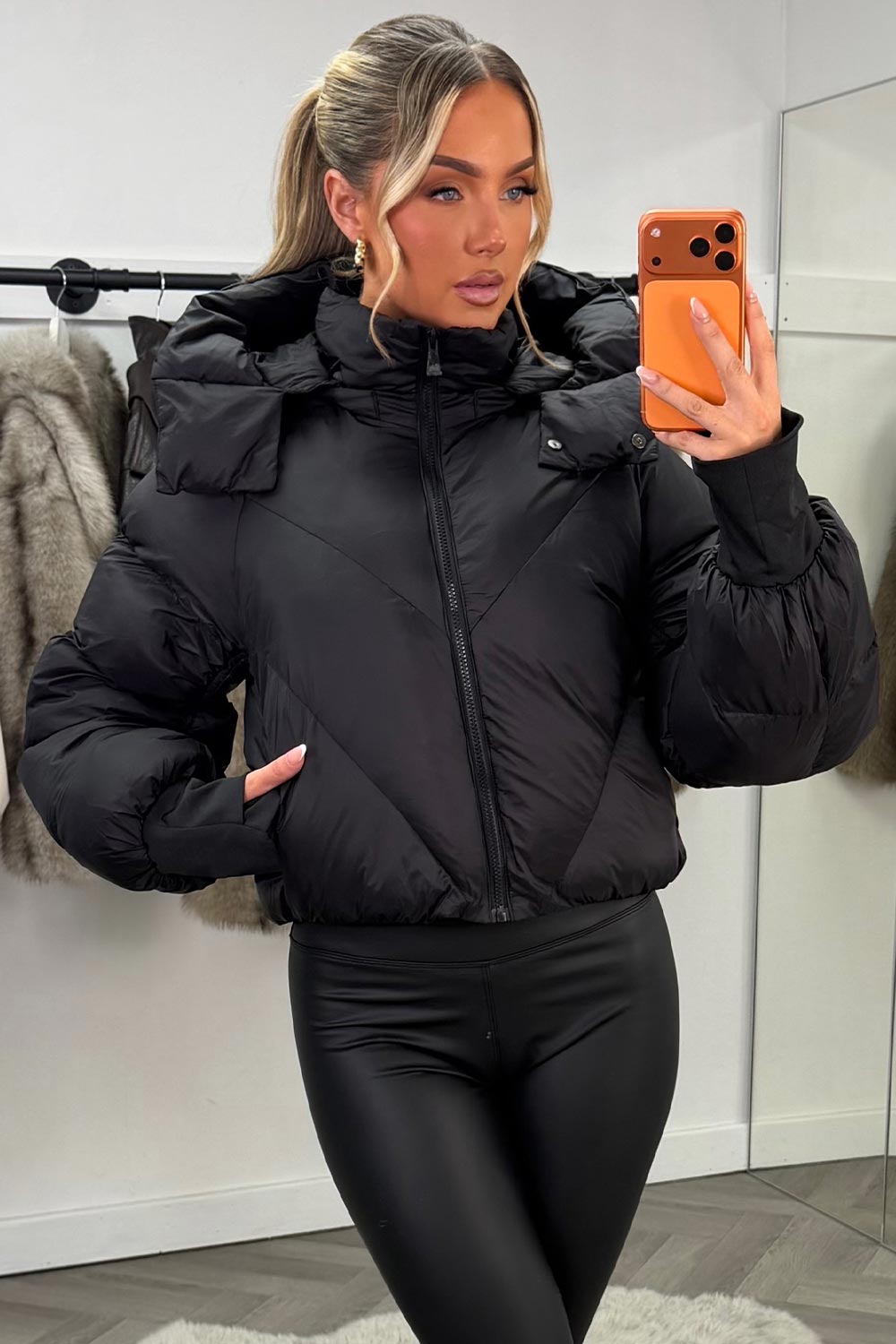 Black Puffer Padded Jacket With Hood