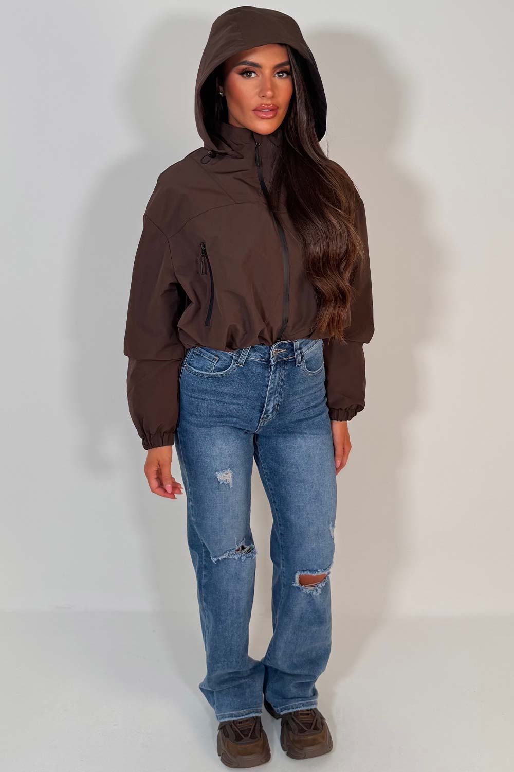 Brown Crop Padded Jacket With Hood