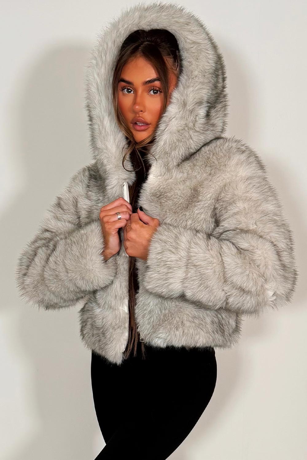 Grey Faux Fur Jacket With Hood