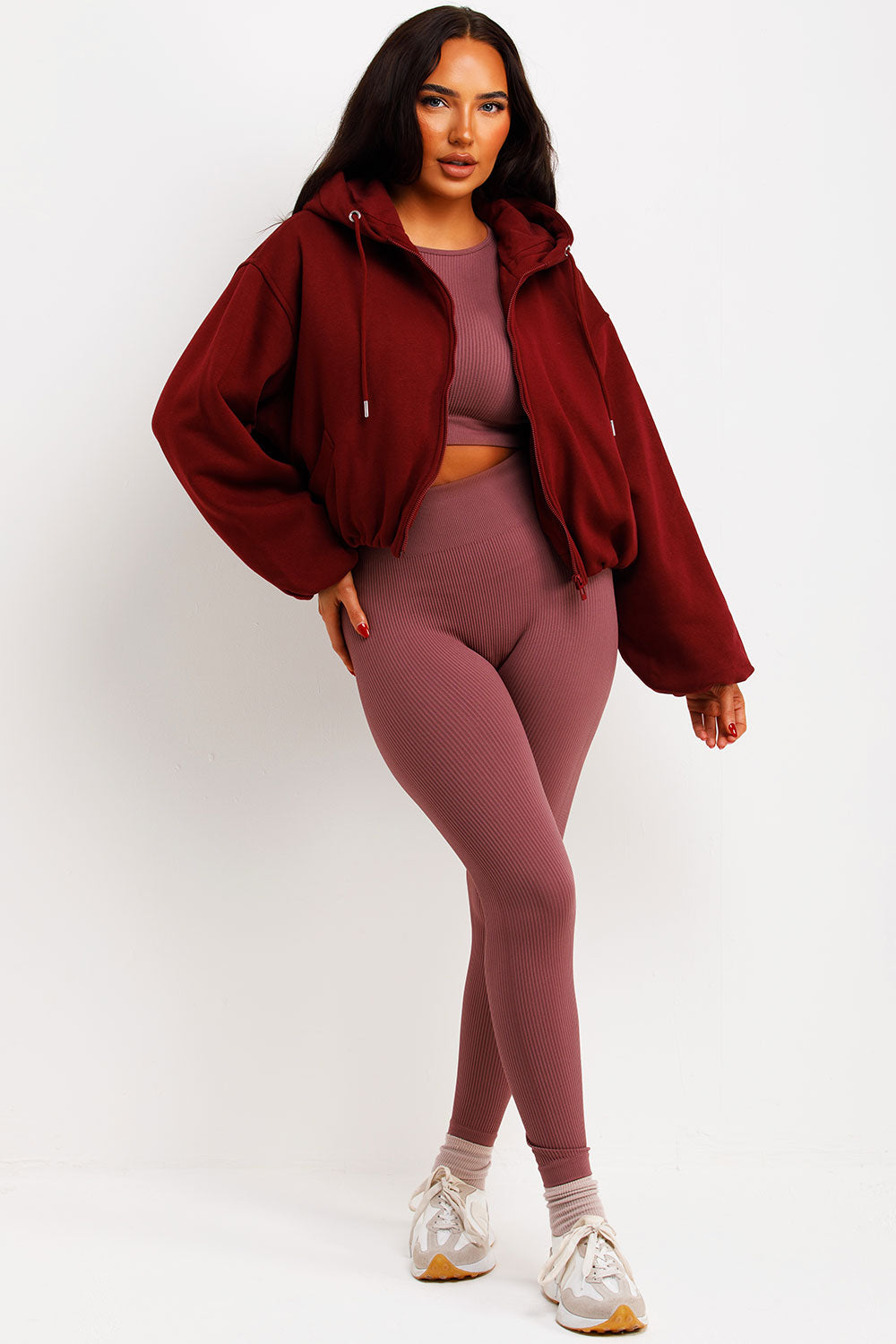Hooded Jacket With Elastic Hem Burgundy