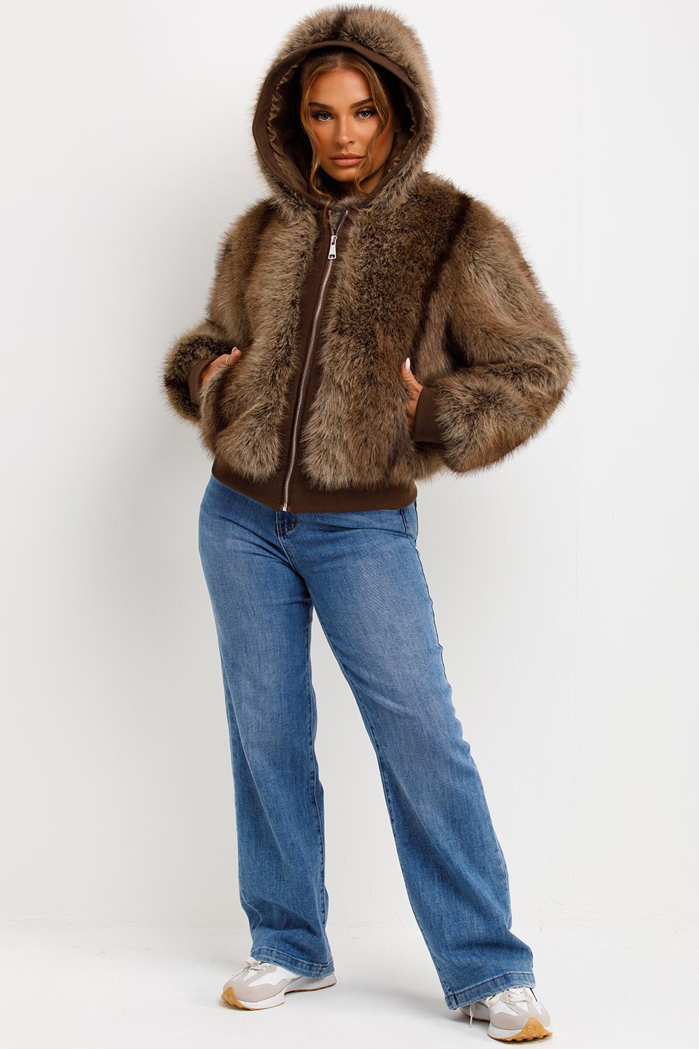 Fur Coat With Hood Brown