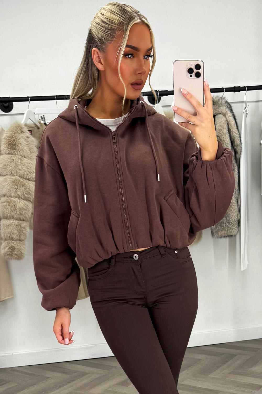 Hooded Jacket With Elastic Hem Brown