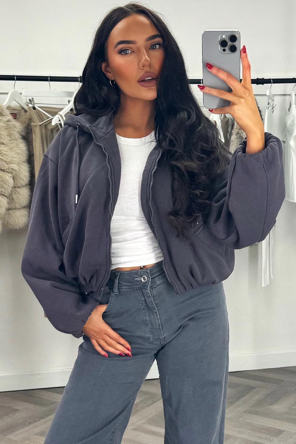 Hooded Jacket With Elastic Hem Charcoal