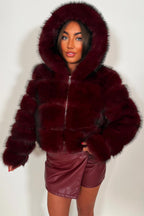 Burgundy Faux Fur Jacket With Hood