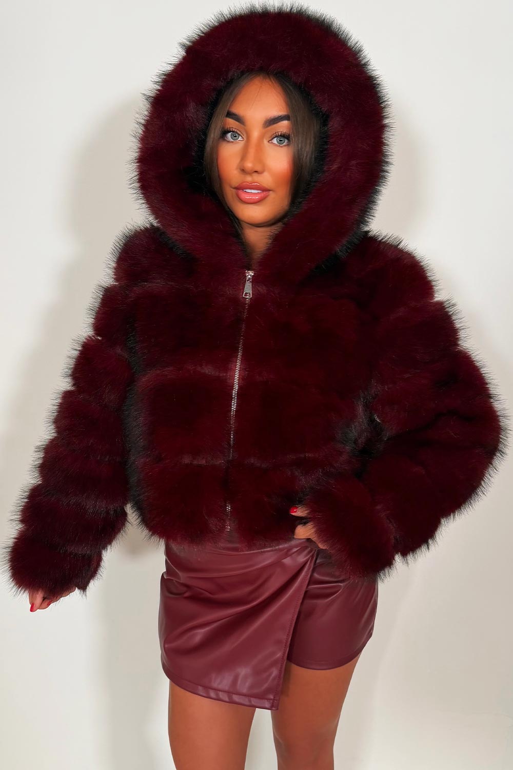 Burgundy Faux Fur Jacket With Hood