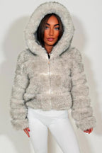 Grey Faux Fur Jacket With Hood
