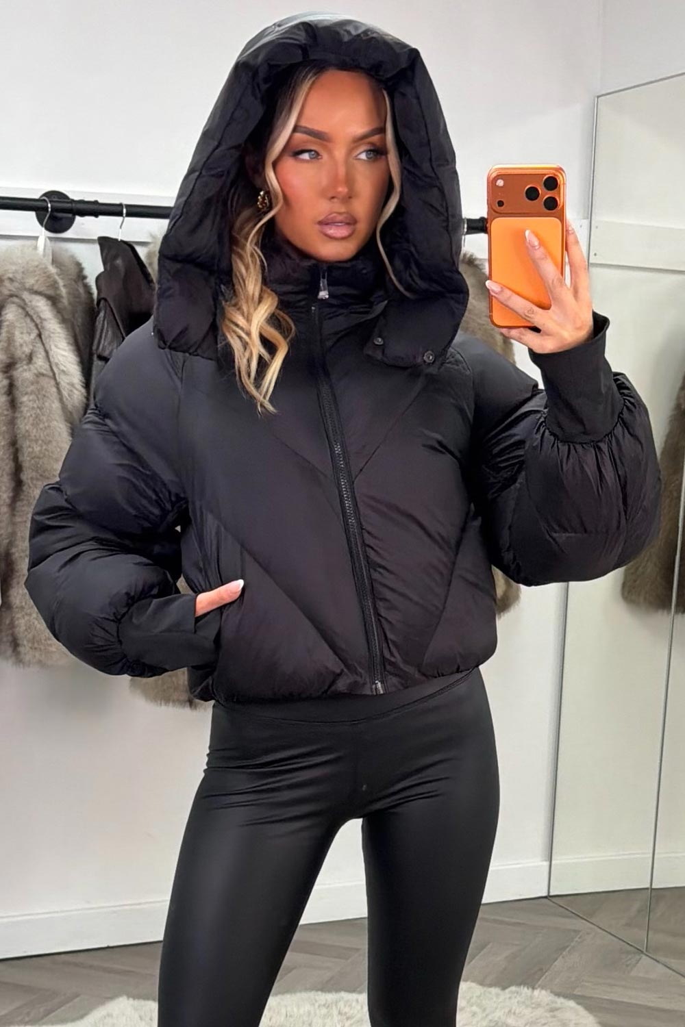 Black Puffer Padded Jacket With Hood