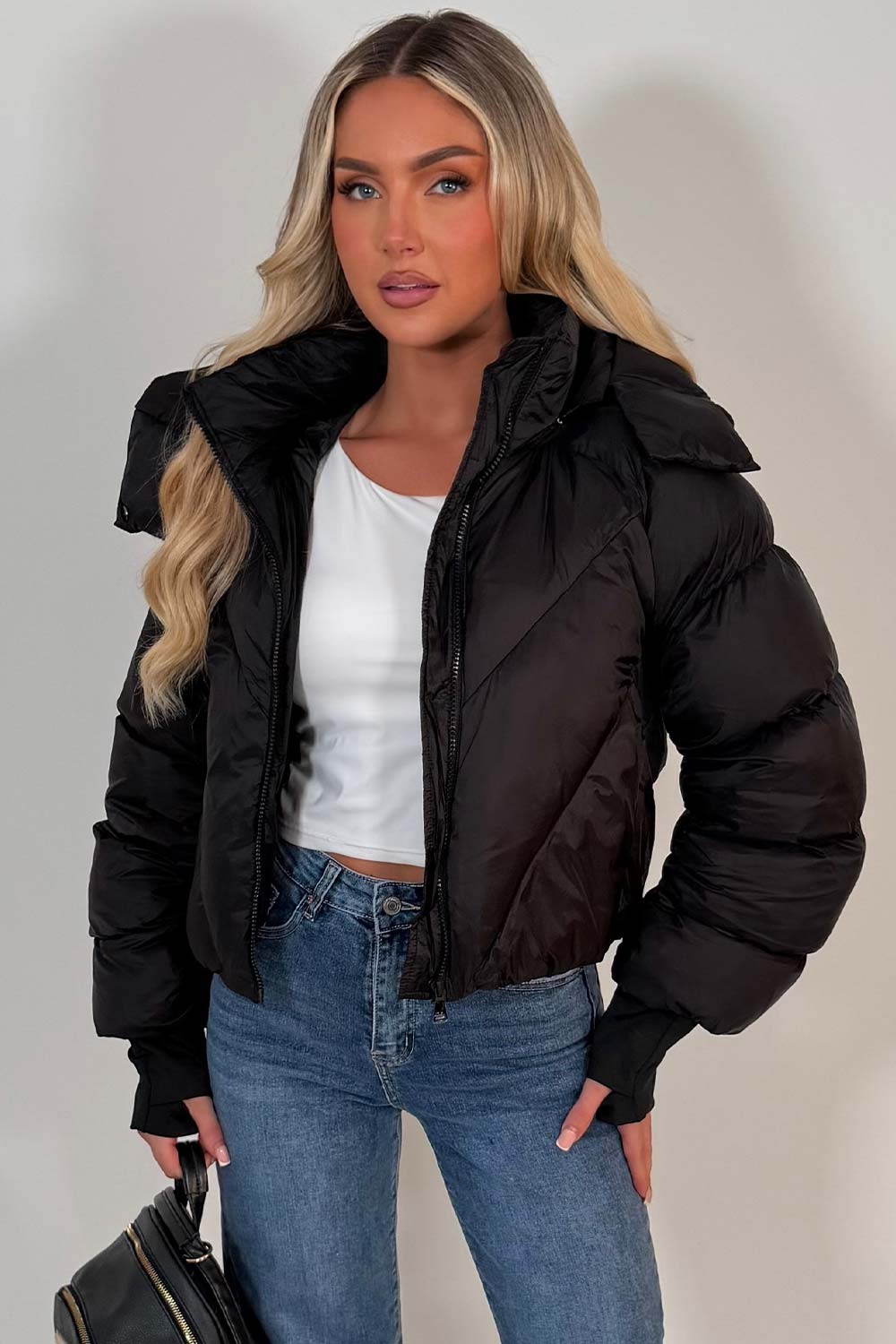 Black Puffer Padded Jacket With Hood