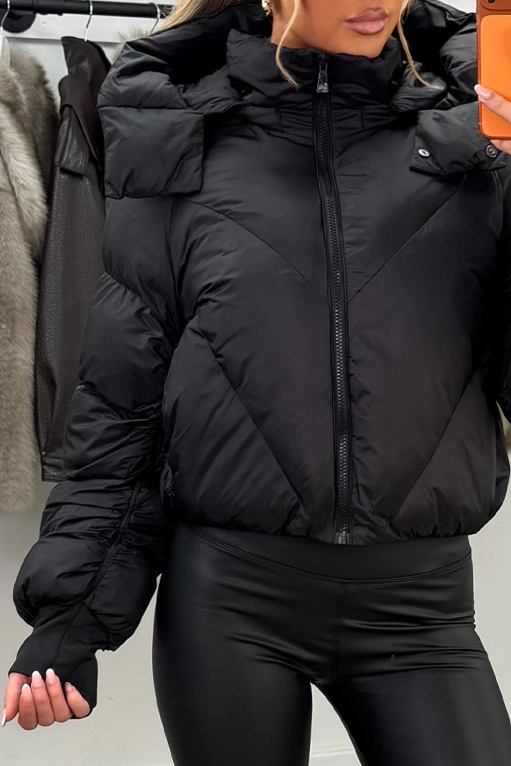 Black Puffer Padded Jacket With Hood