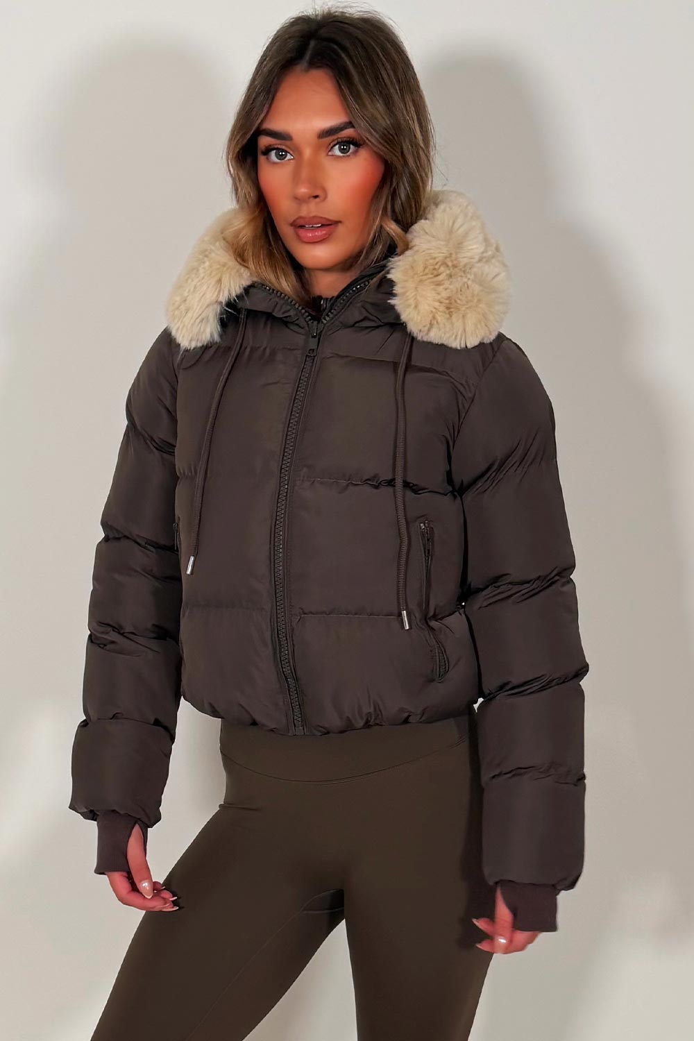 Brown Puffer Jacket With Fur Hood