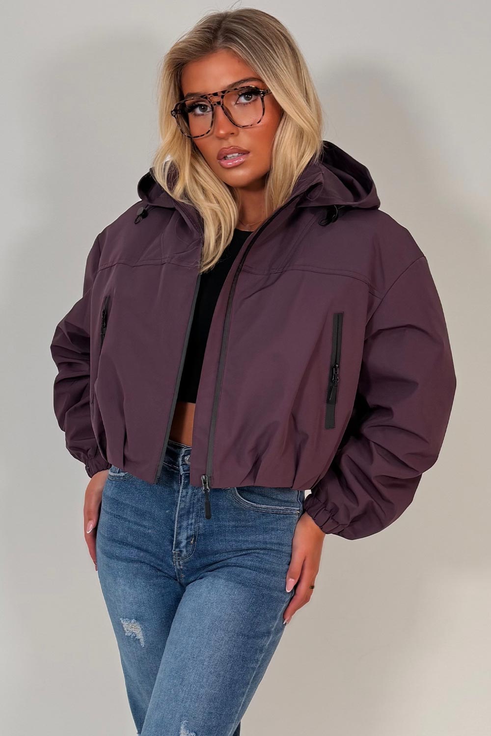 Crop Padded Jacket With Hood Purple