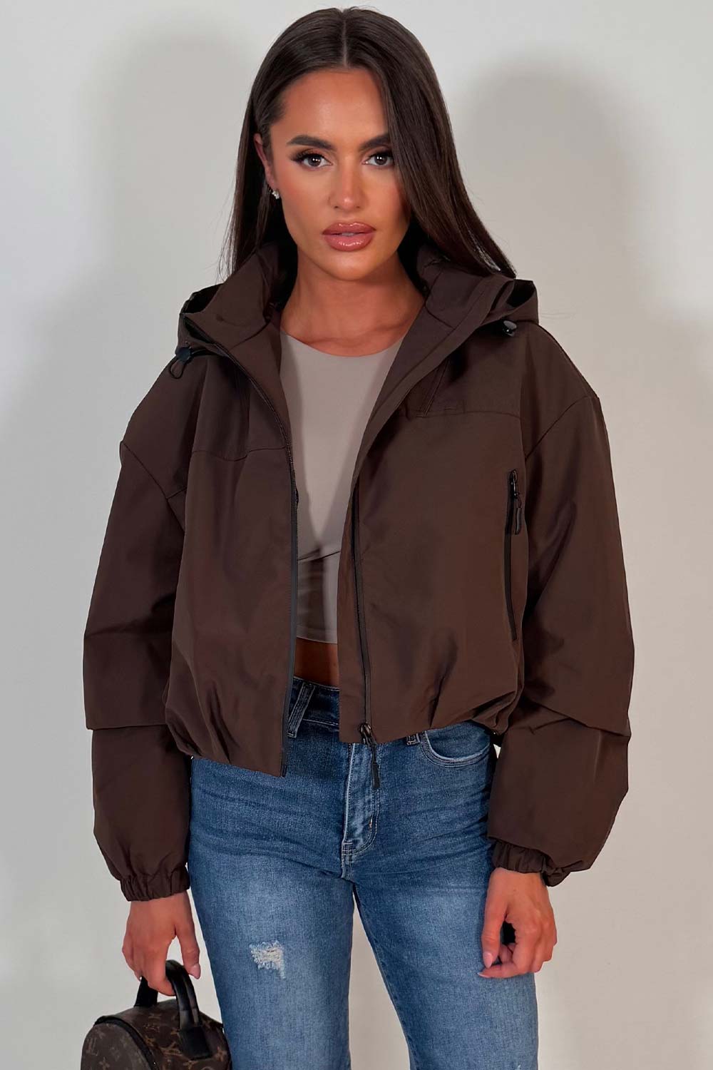 Brown Crop Padded Jacket With Hood