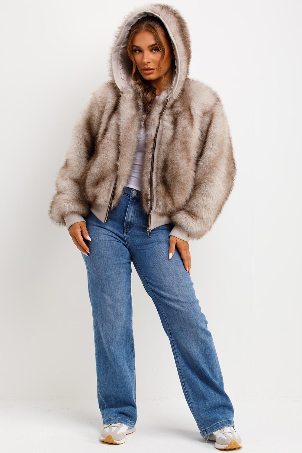 Fur Coat With Hood Beige