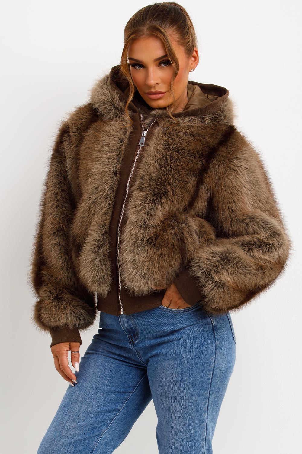 Fur Coat With Hood Brown