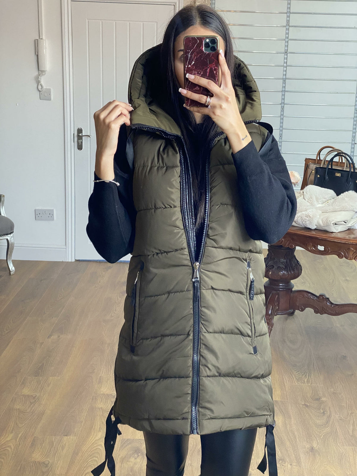 Katlyn Khaki Oversized Puffer Gilet Coat