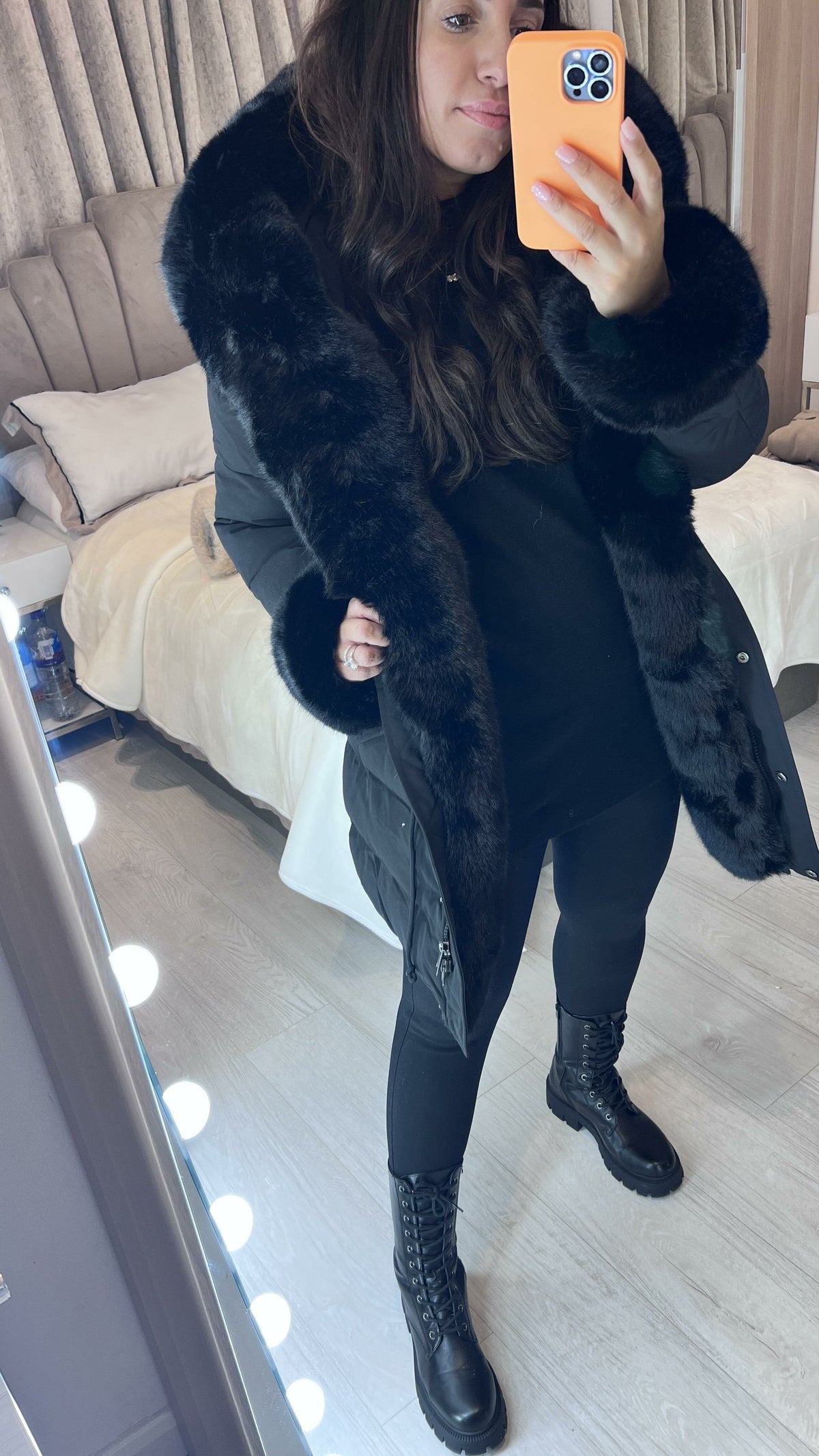 Vienna Black Luxury Faux Fur Trim Coat
