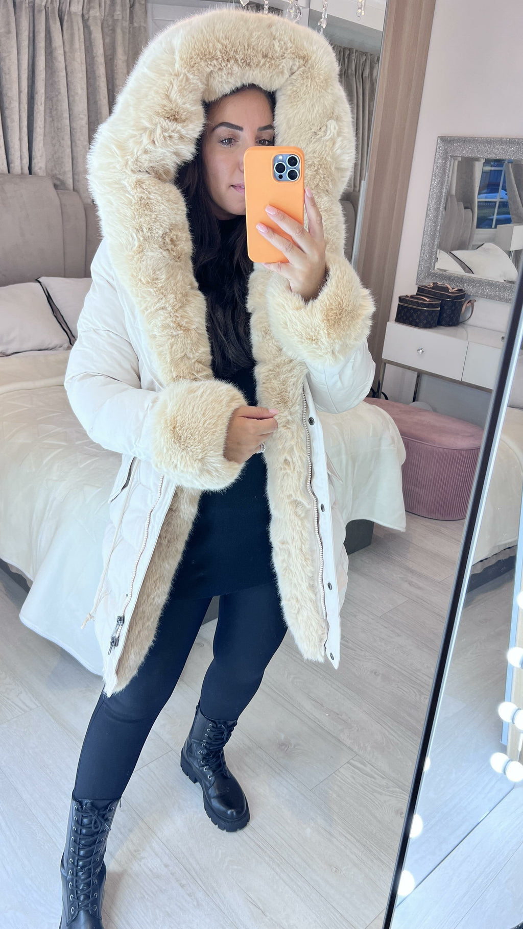 Vienna Beige Luxury Faux Fur Trim Coat