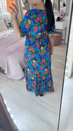 Devina Royal Blue Floral Print Wrap Front Maxi Dress