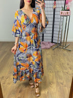 Jacinda Palm Print Ruffle Hem Maxi Dress