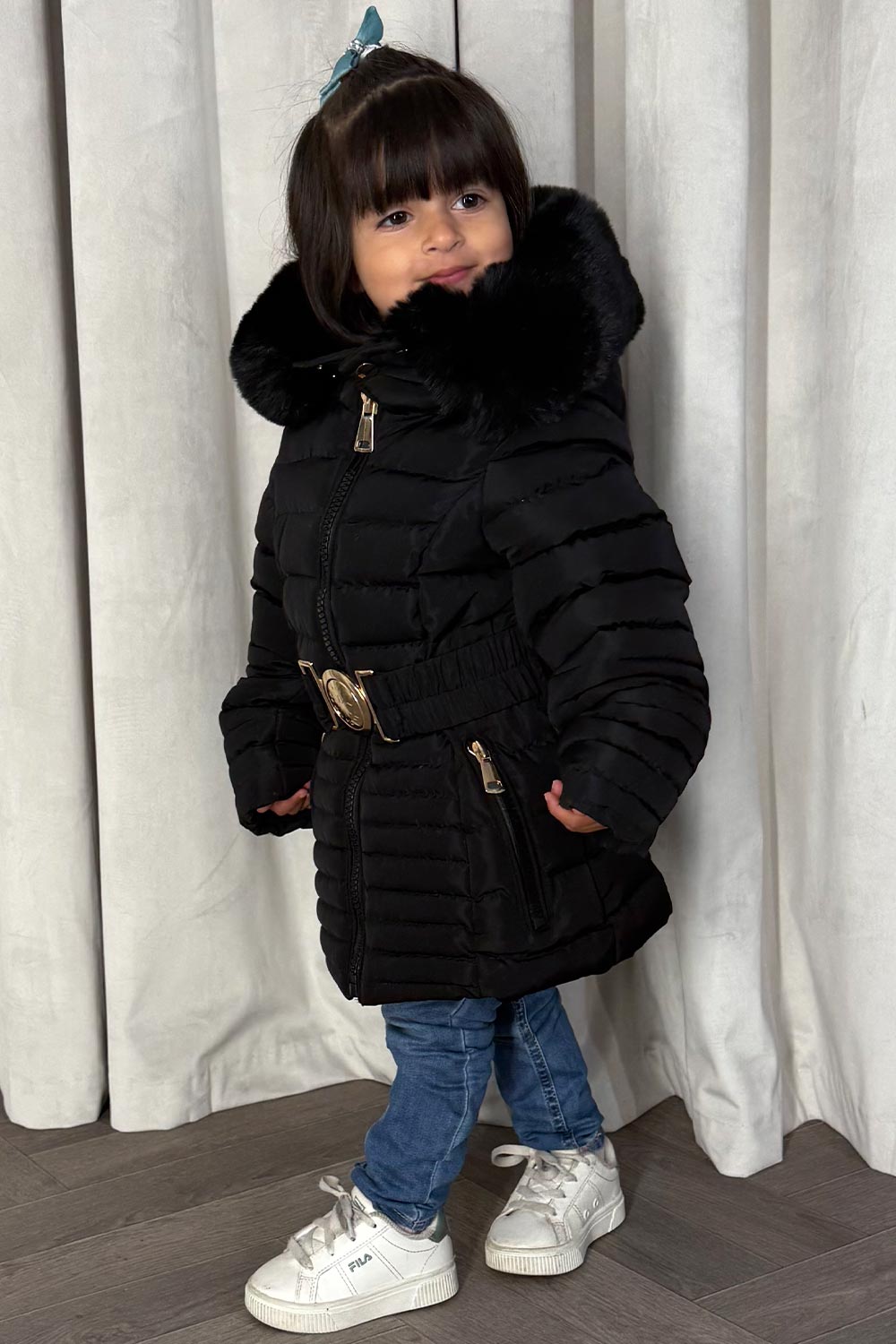 Girls Black Puffer Jacket With Faux Fur Hood And Gold Belt
