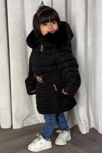 Girls Black Puffer Jacket With Faux Fur Hood And Gold Belt