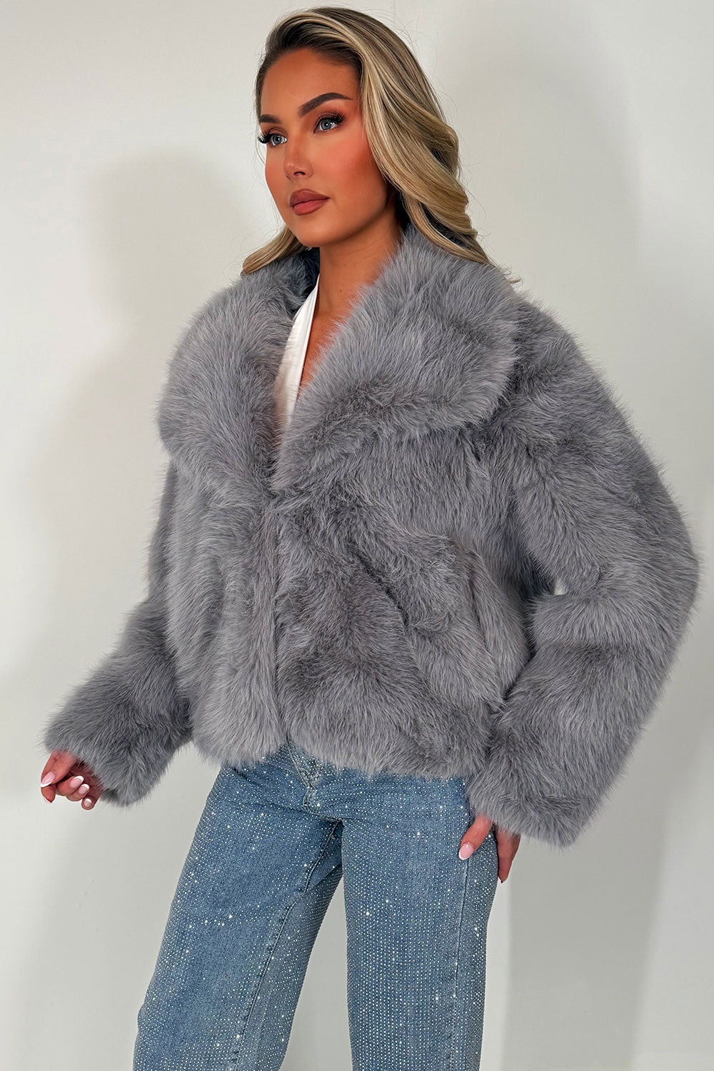 Faux Fur Jacket Collared Grey