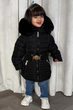 Girls Black Puffer Jacket With Faux Fur Hood And Gold Belt