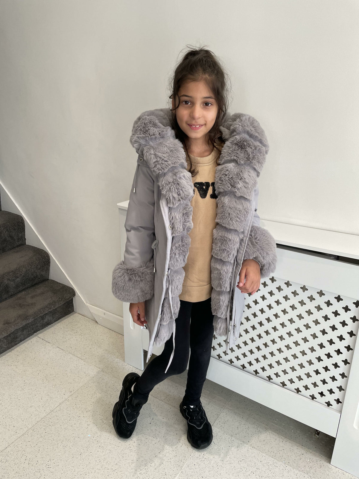 Jaya Grey KIDS Faux Fur Hooded Toggle Coat