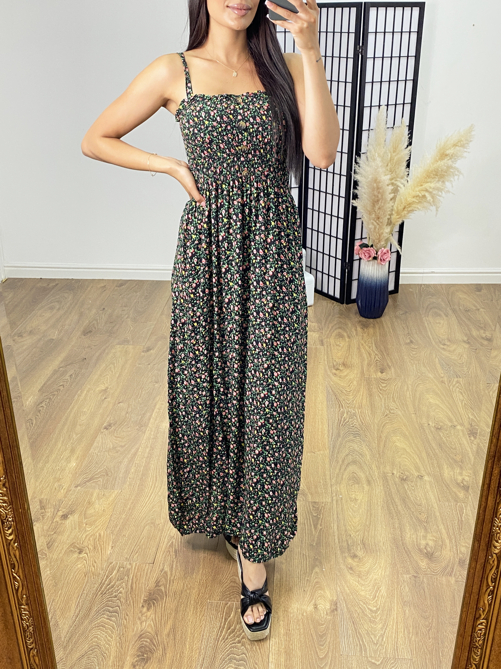 Jolie Elasticated Bust Button Detail Floral Print Dress