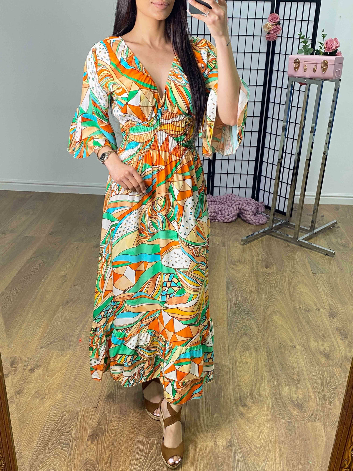Monaco Abstract Print Ruffle Hem Maxi Dress