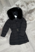 Girls Long Puffer Coat With Fur Hood And Belt