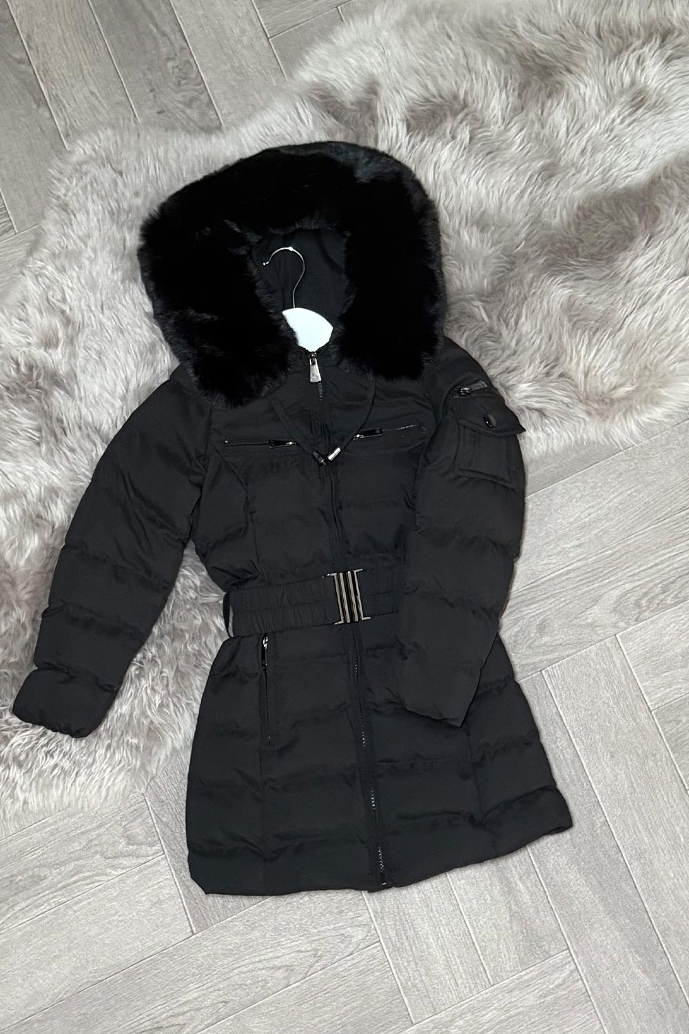 Girls Long Puffer Coat With Fur Hood And Belt