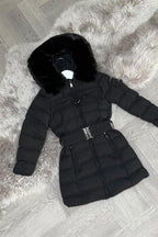 Girls Long Puffer Coat With Fur Hood And Belt